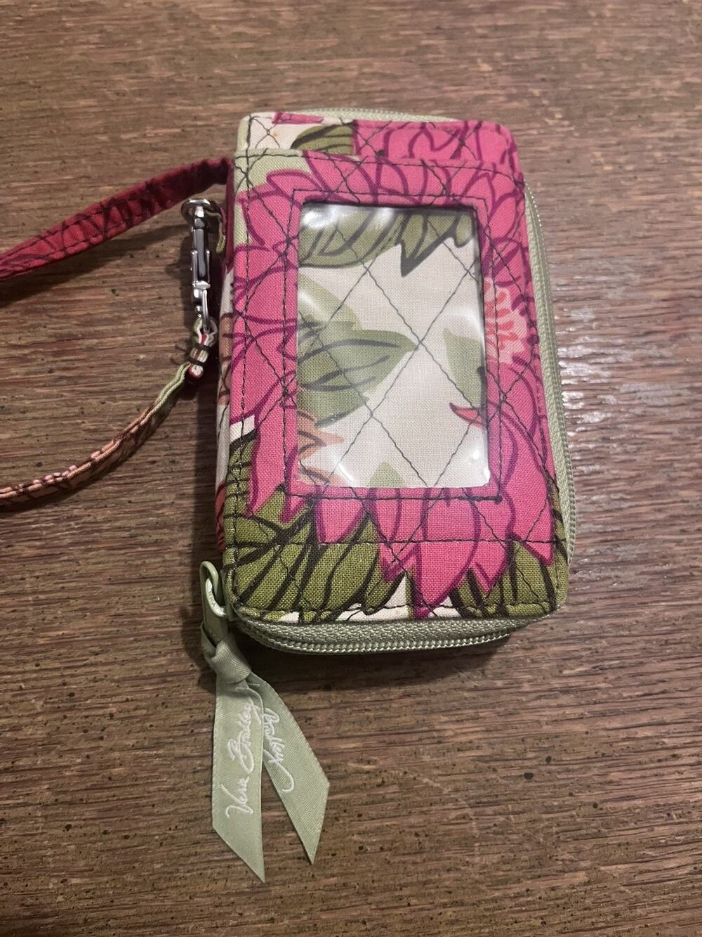 Vera Bradley Floral Wristlet Wallet Hello Dahlia! Zipper Credit Card Green Pink